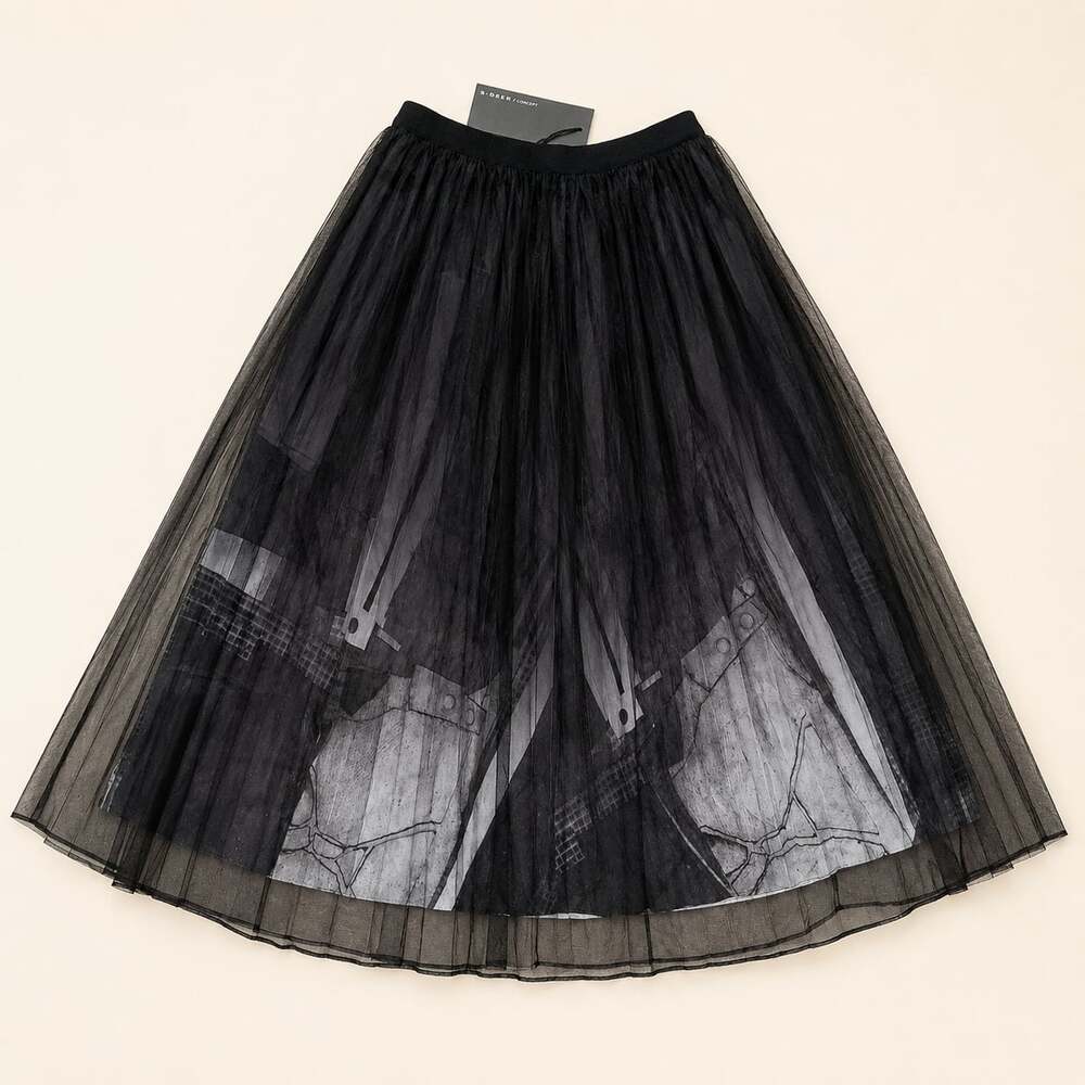 Y2K Goth Grunge Black Sheer Tulle Pleated Midi Skirt Size S NWT